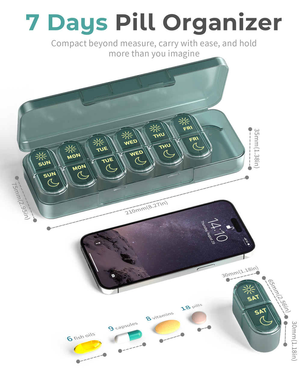 Pillex Pill Organizer 2 Times a Day, AM PM Pill Box 7 Day, Weekly Medicine Organizer with Large Capacity, Travel Pill Case for Medication, Vitamins, Fish Oils, Supplements (Easy to Use, Portable)
