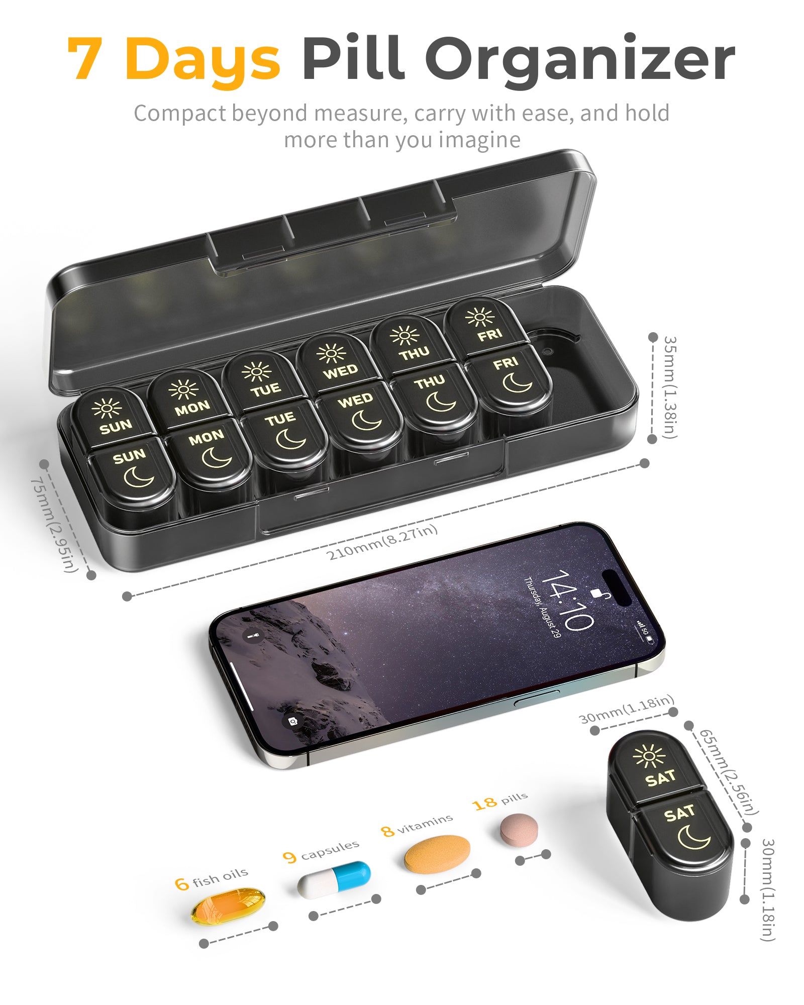 Pillex AM & PM Pill Organizer 7 Days, Weekly Pill Case 2 Times a Day, Pill Box 7 Day, Medicine Pill Organizer for Travel, Vitamins, Fish Oils, Supplements