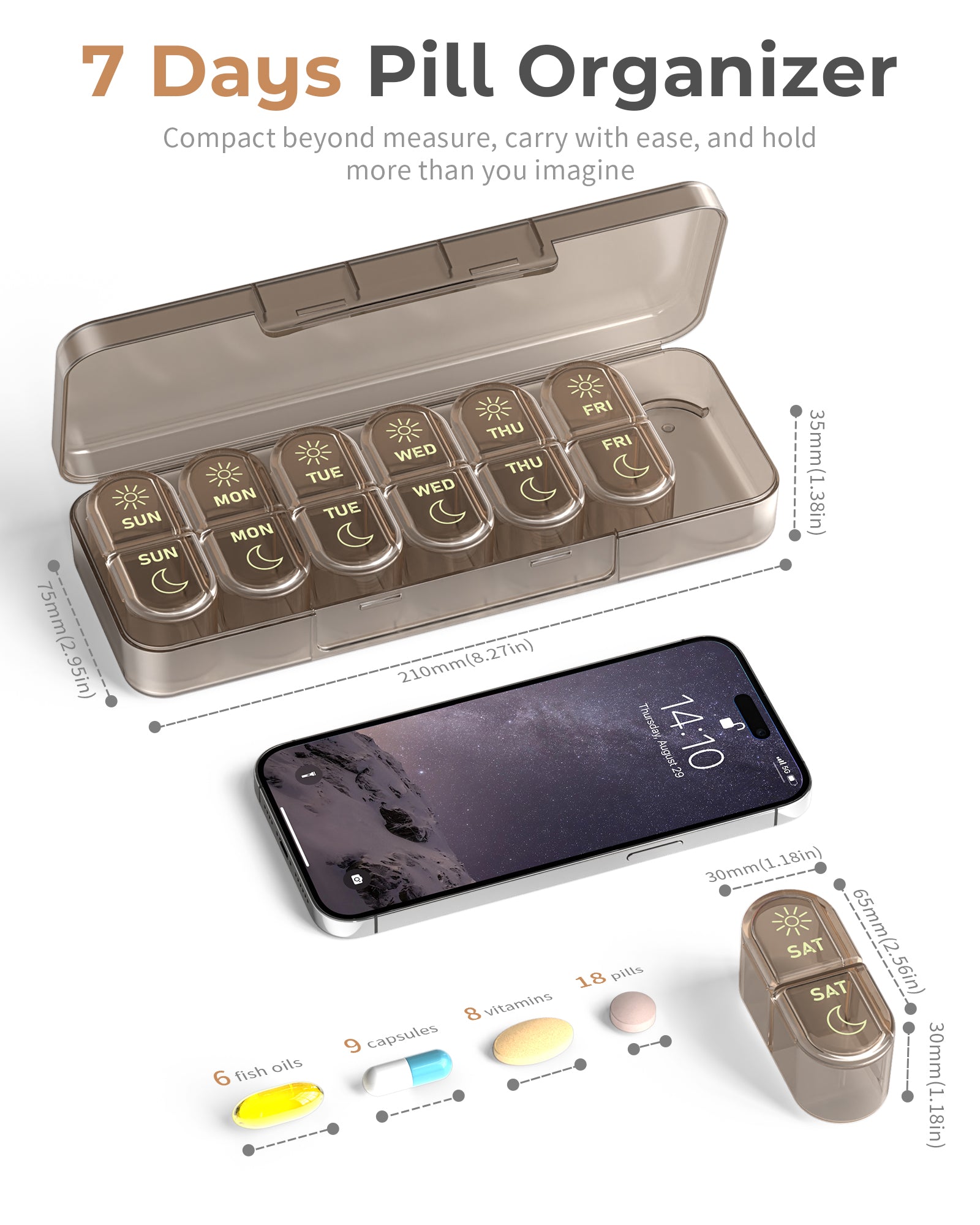 Pillex Weekly Pill Organizer 2 Times a Day, 7-Day AM PM Pill Box, Travel Pill Case, Medicine Pill Organizer for Fish Oils, Vitamins & Supplements
