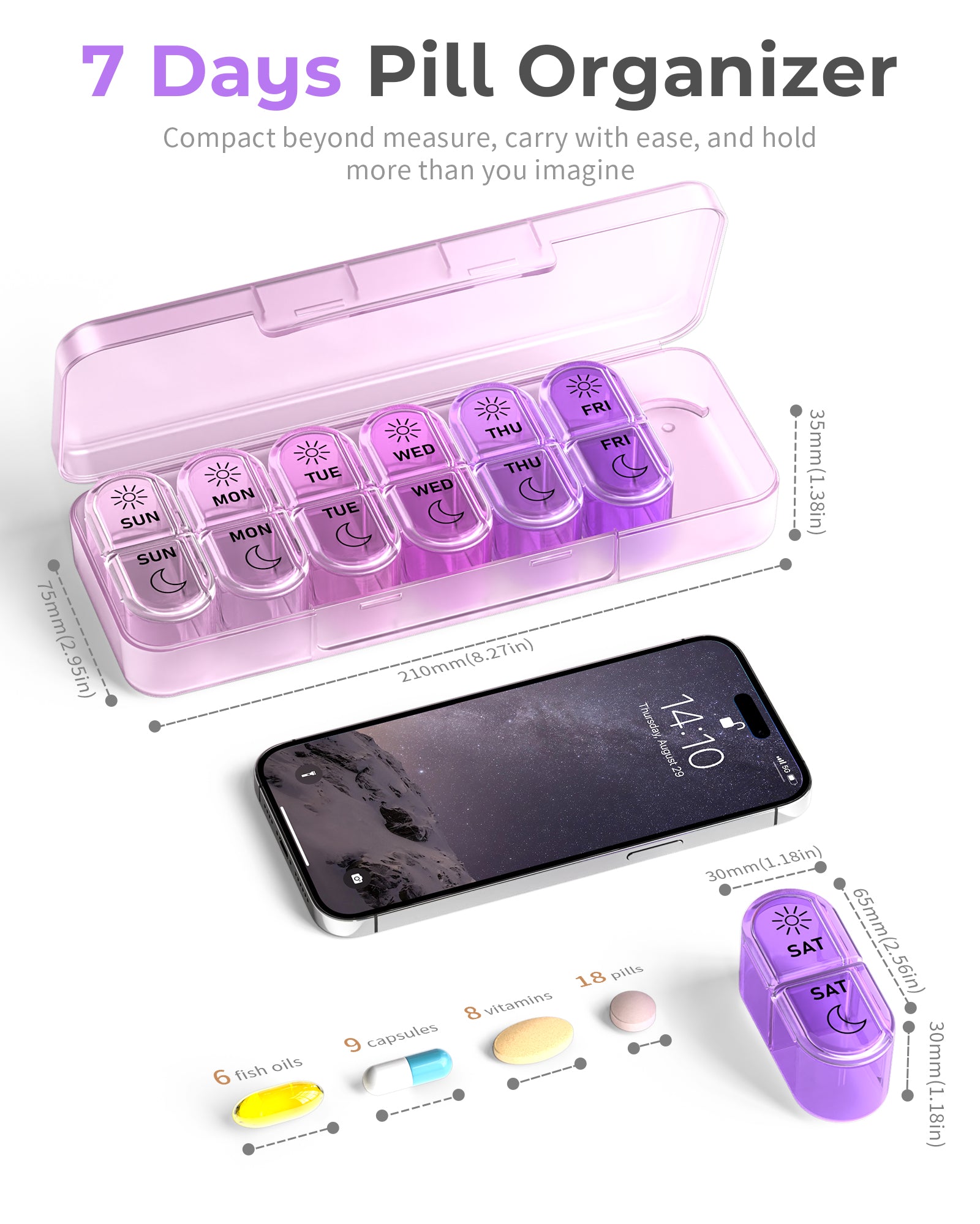Pillex Pill Organizer, Am & Pm Pill Organizer 7 Days, Weekly Pill Case 2 Times a Day, Cute Pill Box 7 Day, Medicine Organizer for Travel, Vitamins, Fish Oils, Supplements (Gradient Pink-Purple)