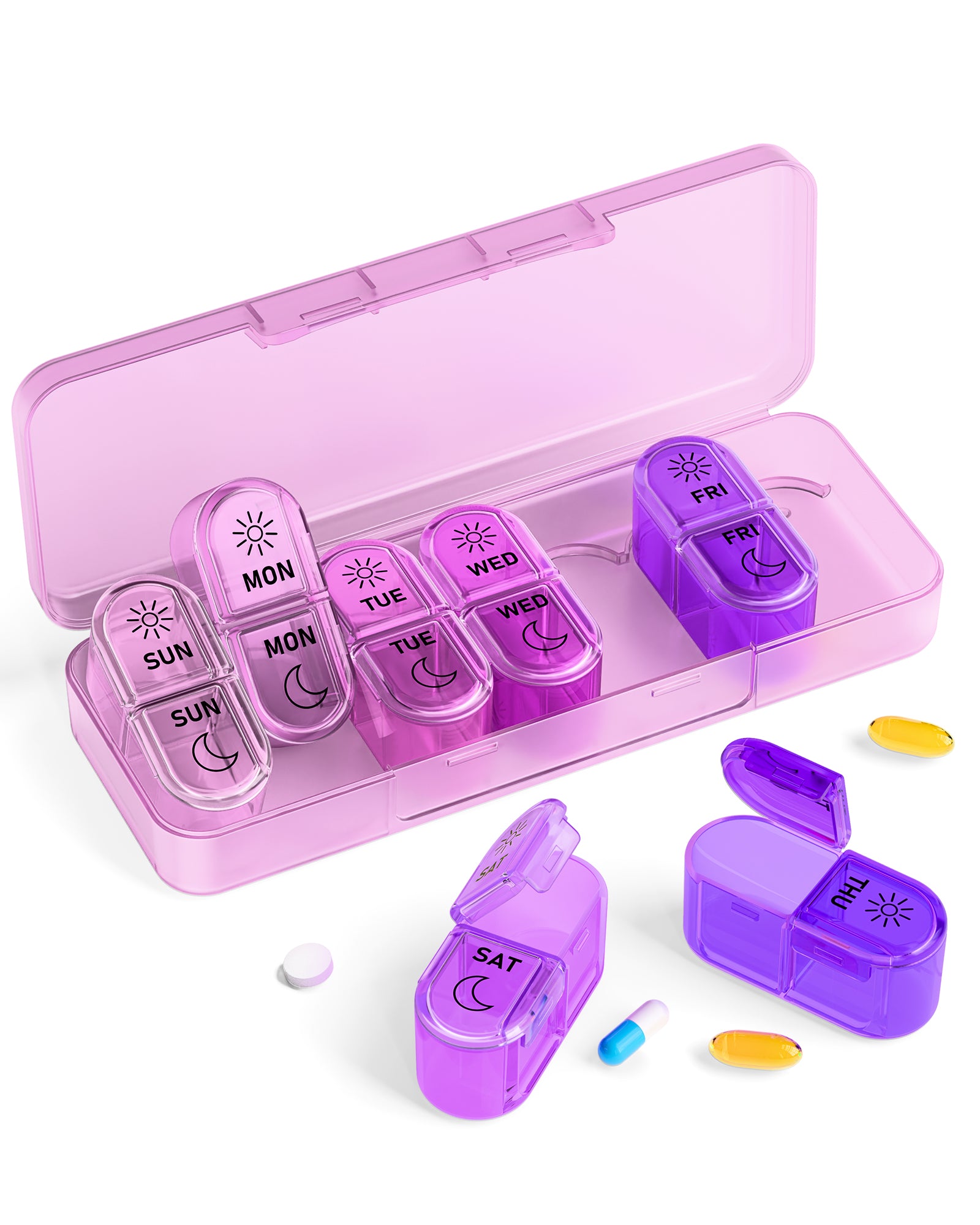Pillex Pill Organizer, Am & Pm Pill Organizer 7 Days, Weekly Pill Case 2 Times a Day, Cute Pill Box 7 Day, Medicine Organizer for Travel, Vitamins, Fish Oils, Supplements (Gradient Pink-Purple)
