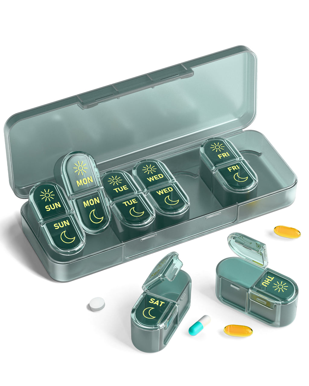 Pillex Pill Organizer 2 Times a Day, AM PM Pill Box 7 Day, Weekly Medicine Organizer with Large Capacity, Travel Pill Case for Medication, Vitamins, Fish Oils, Supplements (Easy to Use, Portable)