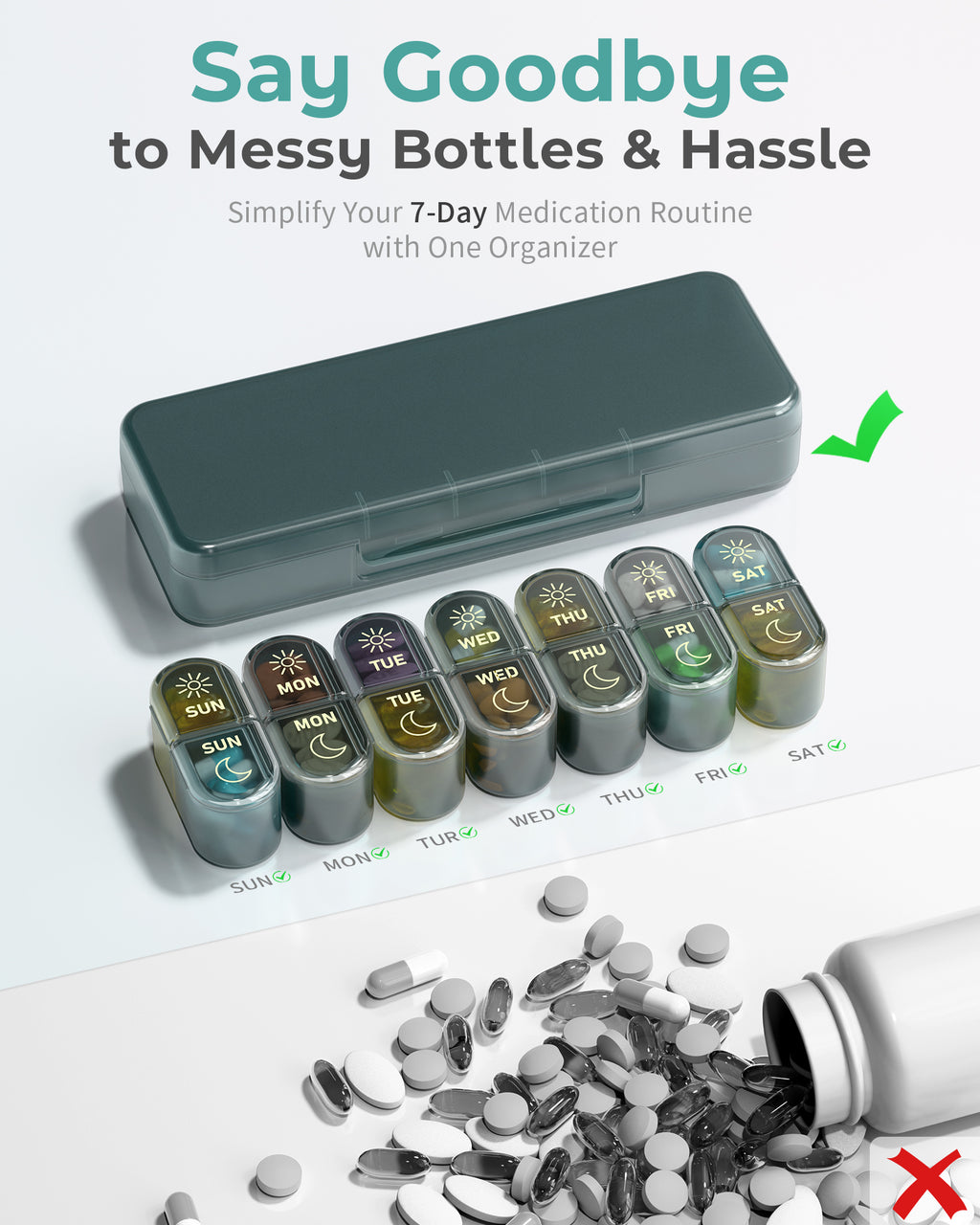 Pillex Pill Organizer 2 Times a Day, AM PM Pill Box 7 Day, Weekly Medicine Organizer with Large Capacity, Travel Pill Case for Medication, Vitamins, Fish Oils, Supplements (Easy to Use, Portable)