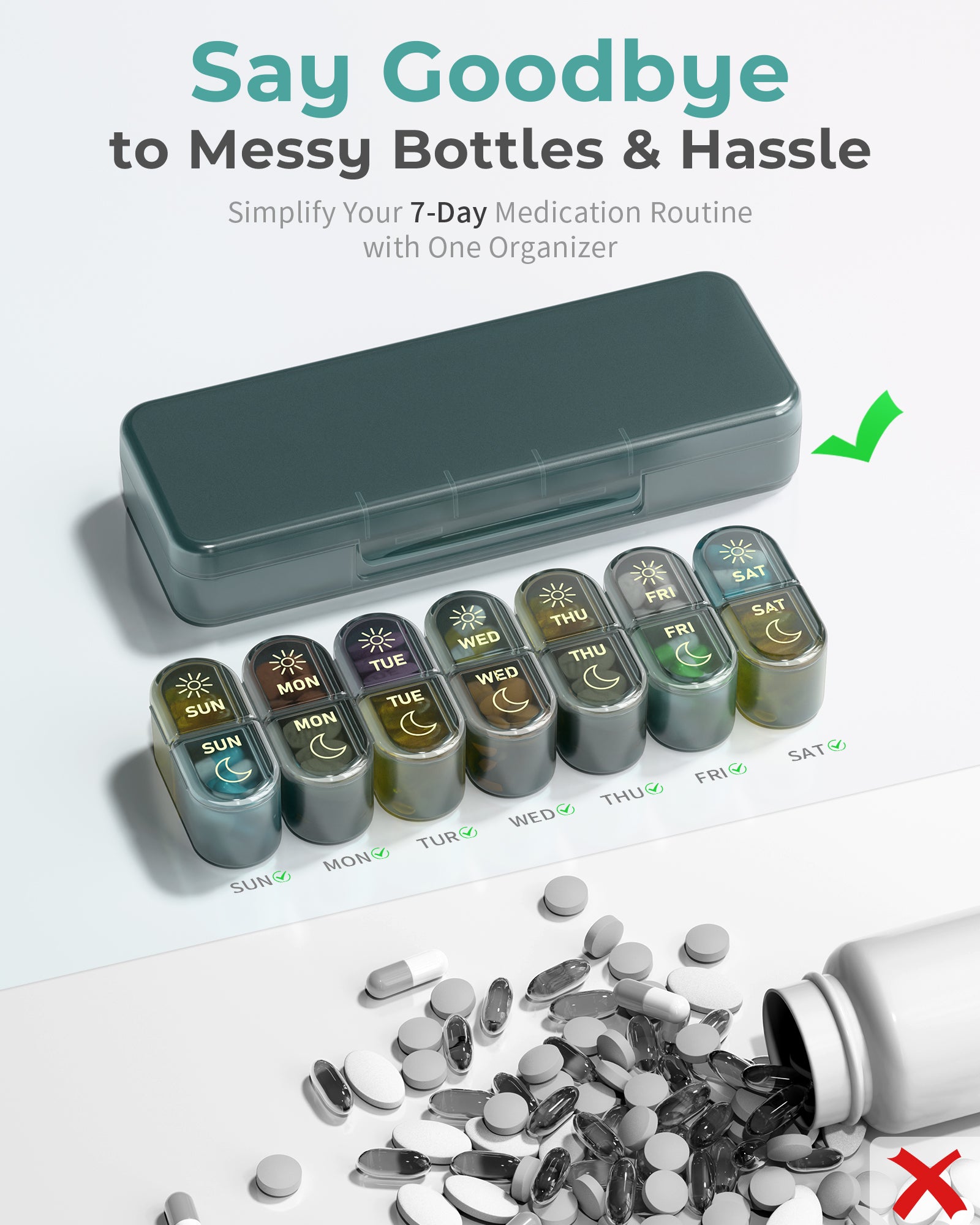 Pillex Pill Organizer 2 Times a Day, AM PM Pill Box 7 Day, Weekly Medicine Organizer with Large Capacity, Travel Pill Case for Medication, Vitamins, Fish Oils, Supplements (Easy to Use, Portable)