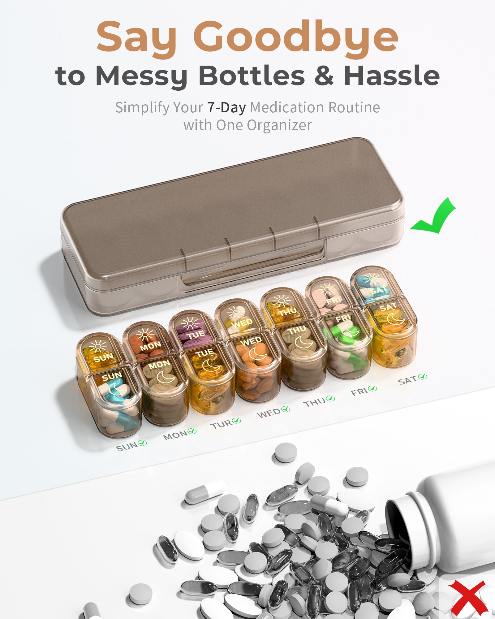 Pillex Weekly Pill Organizer 2 Times a Day, 7-Day AM PM Pill Box, Travel Pill Case, Medicine Pill Organizer for Fish Oils, Vitamins & Supplements