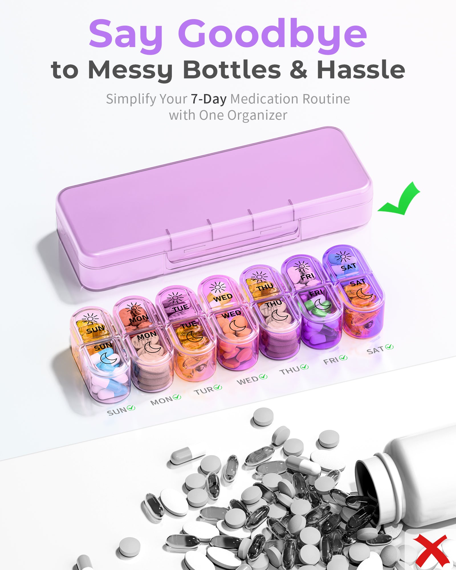 Pillex Pill Organizer, Am & Pm Pill Organizer 7 Days, Weekly Pill Case 2 Times a Day, Cute Pill Box 7 Day, Medicine Organizer for Travel, Vitamins, Fish Oils, Supplements (Gradient Pink-Purple)