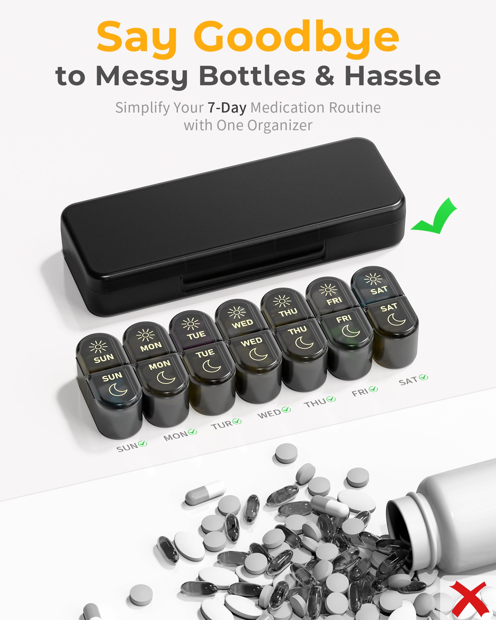 Pillex AM & PM Pill Organizer 7 Days, Weekly Pill Case 2 Times a Day, Pill Box 7 Day, Medicine Pill Organizer for Travel, Vitamins, Fish Oils, Supplements