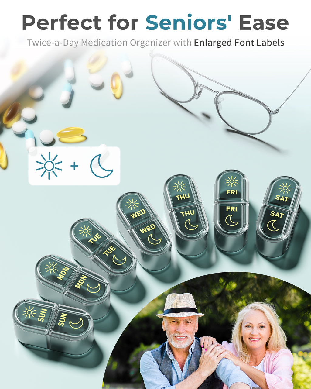 Pillex Pill Organizer 2 Times a Day, AM PM Pill Box 7 Day, Weekly Medicine Organizer with Large Capacity, Travel Pill Case for Medication, Vitamins, Fish Oils, Supplements (Easy to Use, Portable)
