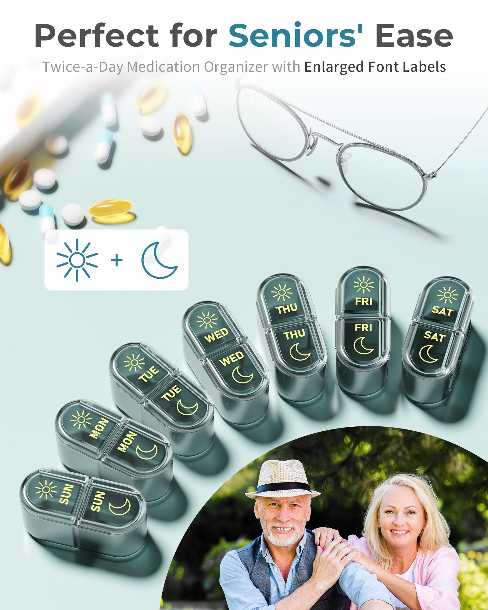 Pillex Pill Organizer 2 Times a Day, AM PM Pill Box 7 Day, Weekly Medicine Organizer with Large Capacity, Travel Pill Case for Medication, Vitamins, Fish Oils, Supplements (Easy to Use, Portable)