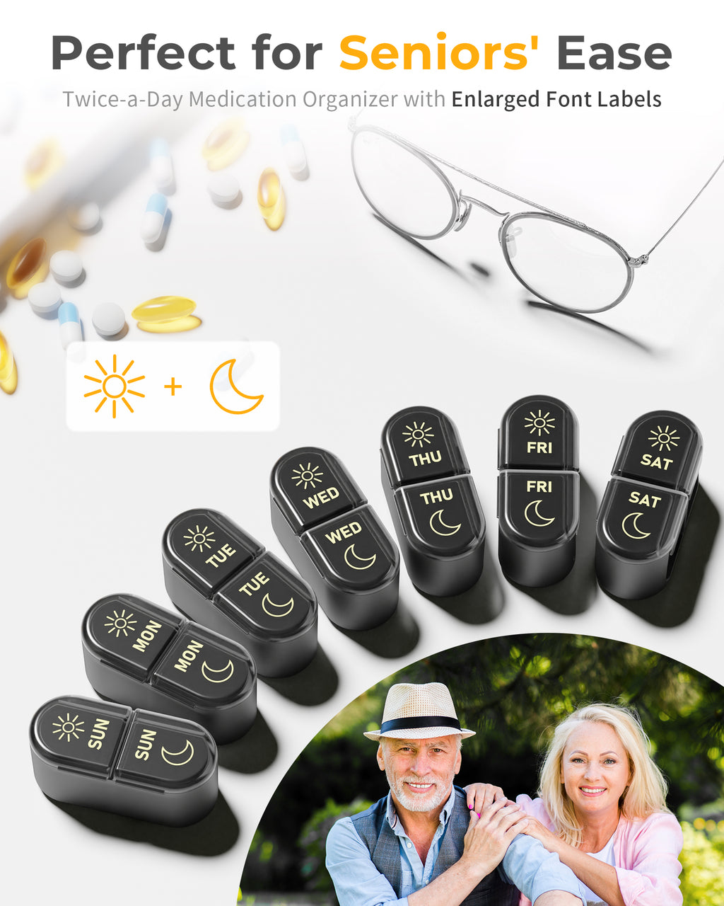 Pillex AM & PM Pill Organizer 7 Days, Weekly Pill Case 2 Times a Day, Pill Box 7 Day, Medicine Pill Organizer for Travel, Vitamins, Fish Oils, Supplements