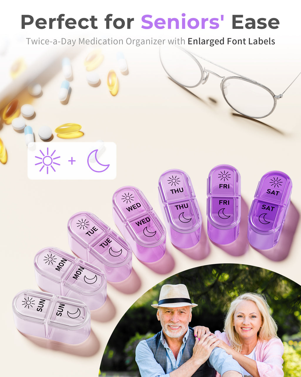 Pillex Pill Organizer, Am & Pm Pill Organizer 7 Days, Weekly Pill Case 2 Times a Day, Cute Pill Box 7 Day, Medicine Organizer for Travel, Vitamins, Fish Oils, Supplements (Gradient Pink-Purple)