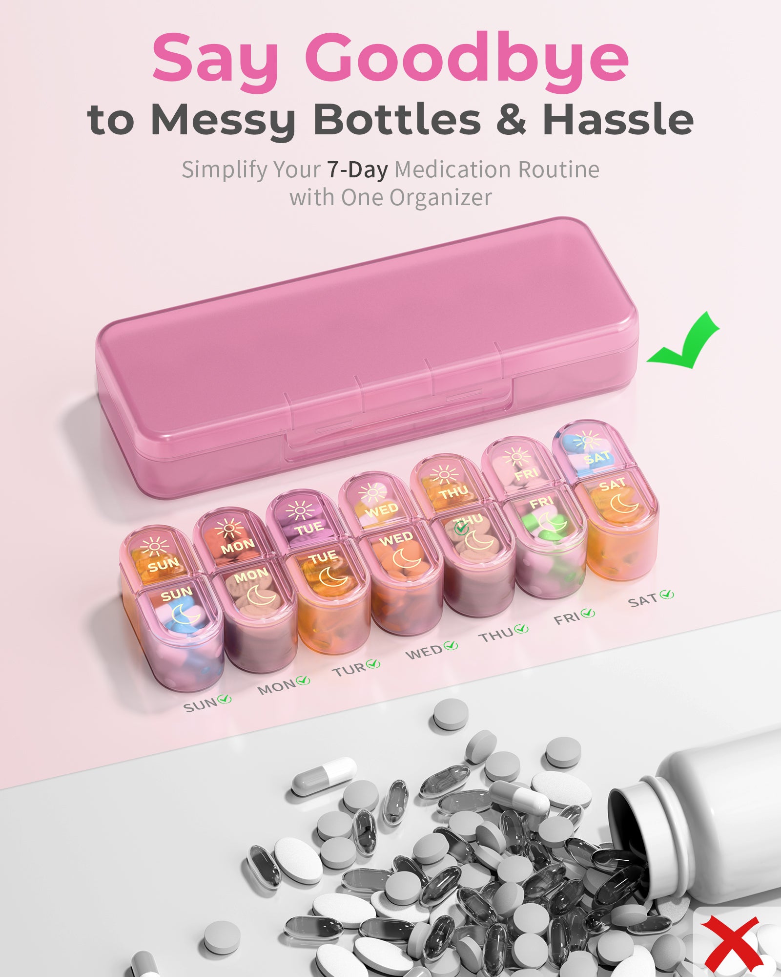 Pillex Pill Organizer 2 Times a Day, AM PM Pill Organizer 7 Day, Weekly Pill Box 2 Twice a Day, Travel Pill Case 7 Days, Medicine Organizer for Medication, Vitamins, Fish Oils, Supplements