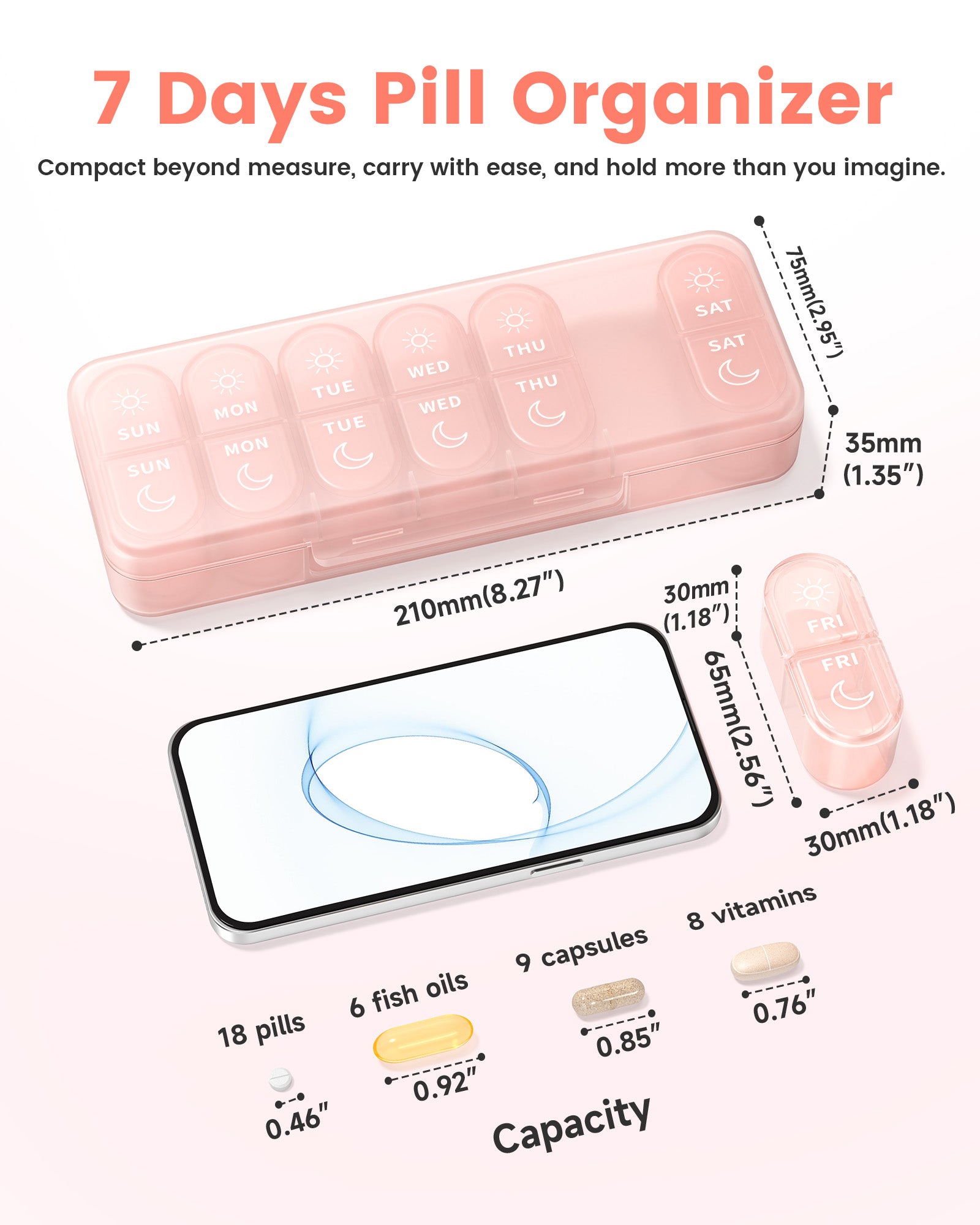 Pillex Weekly Pill Organizer 2 Times a Day, Daily AM PM Pill Box Case 7 Day with Large Openings for Easy to Use, Travel Medicine Container for Medication, Vitamins, Supplements - Pink