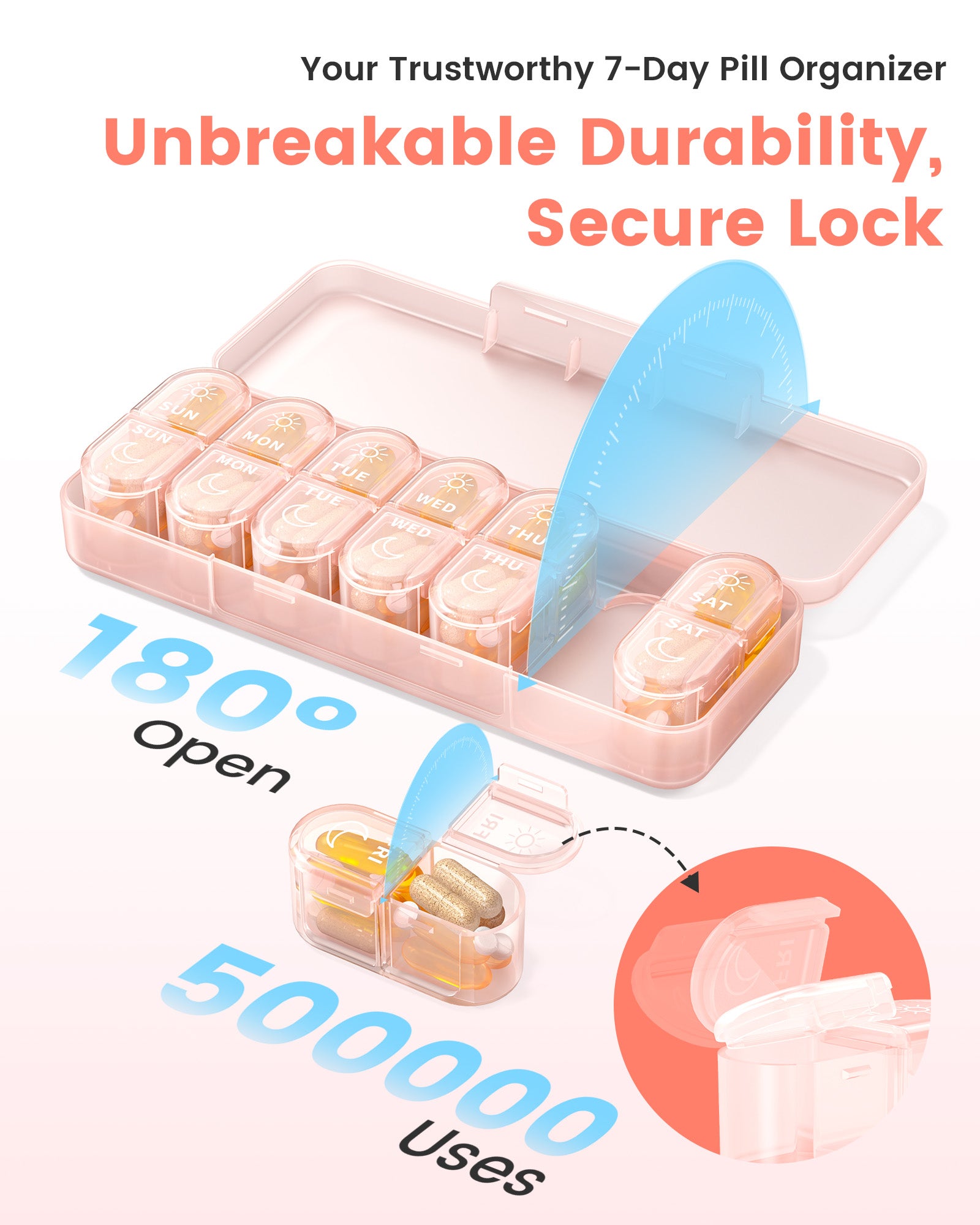 Pillex Weekly Pill Organizer 2 Times a Day, Daily AM PM Pill Box Case 7 Day with Large Openings for Easy to Use, Travel Medicine Container for Medication, Vitamins, Supplements - Pink